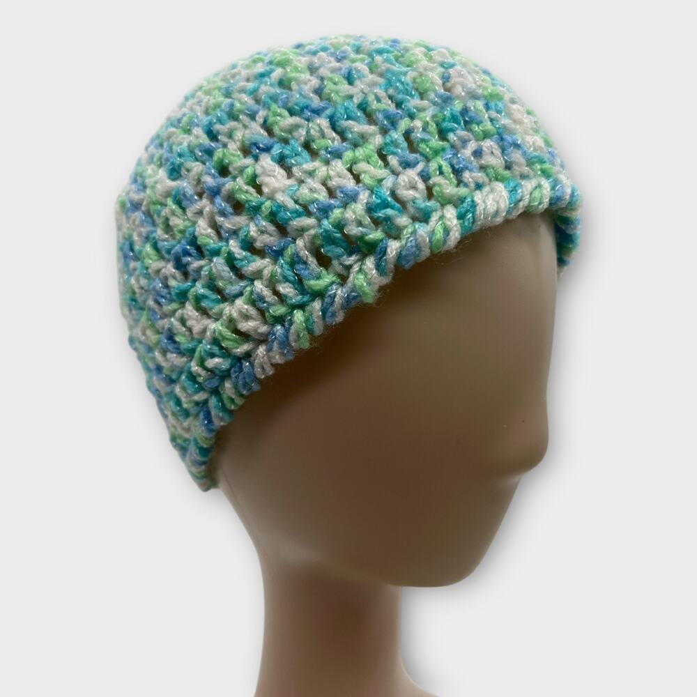 Crochet Metallic Pastel Blue‎ Green Woven Beanie Cap Hat Winter Hat X-Small